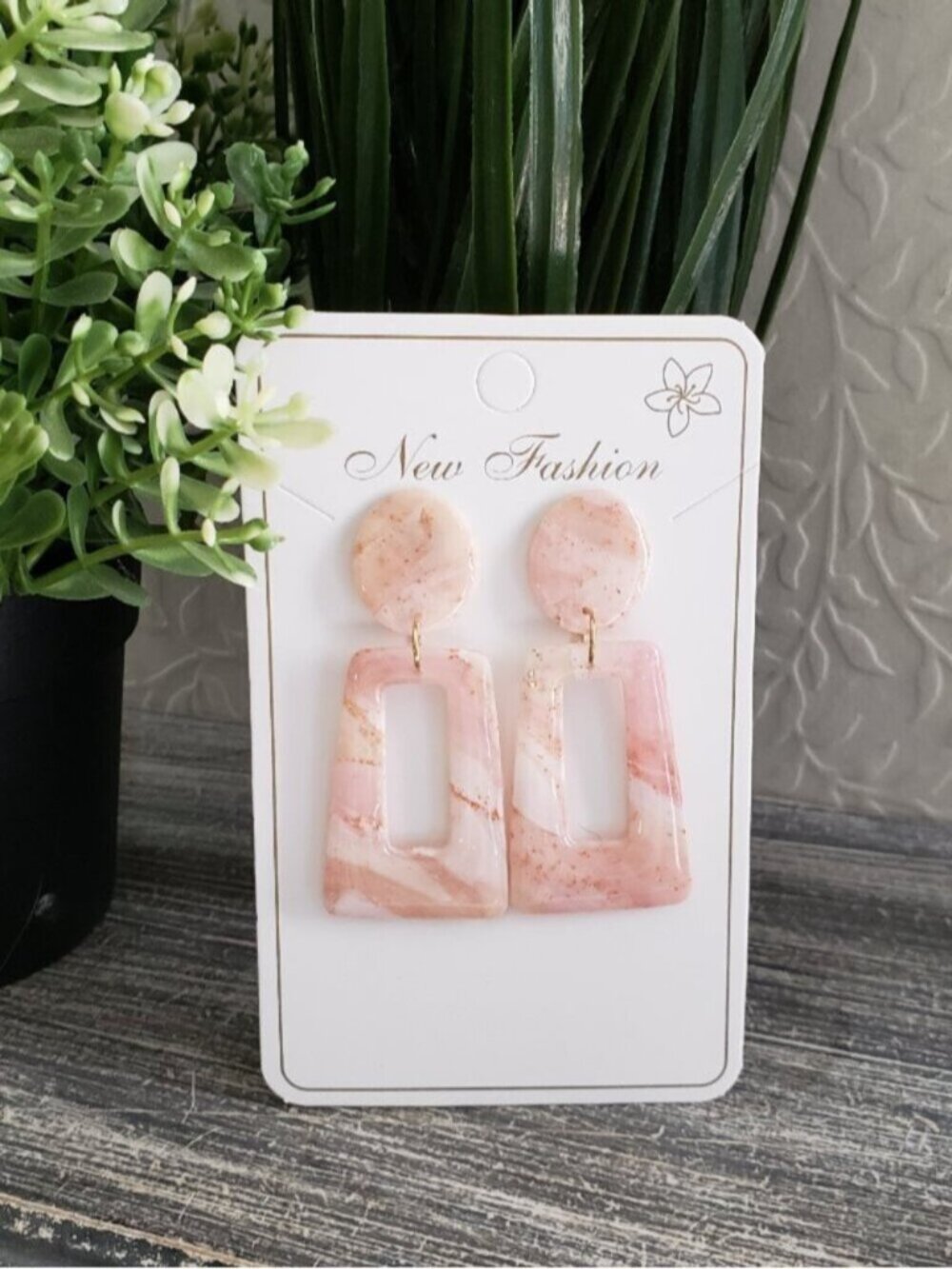 Handmade Blush Pink Marble Polymer Clay Dangle Earrings
